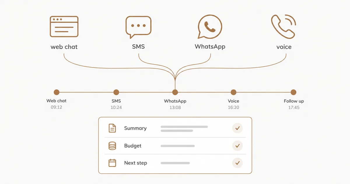 Diagrama de um fio único que continua por web, SMS, WhatsApp e voz até um handoff
