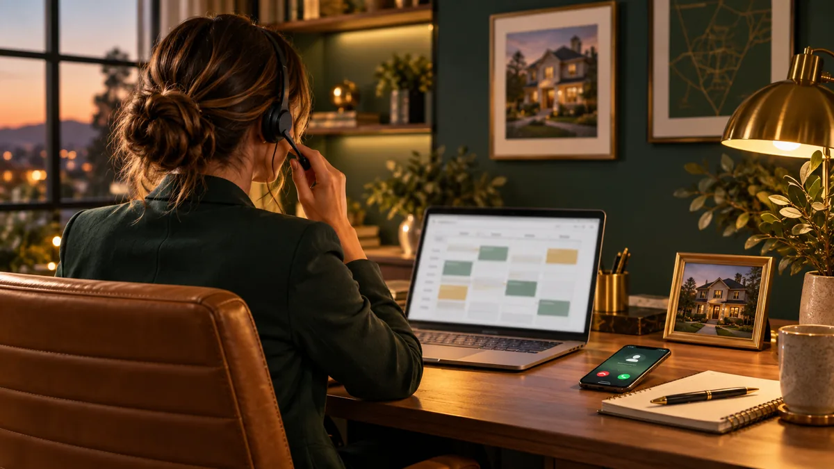 Agent taking an evening buyer call on a headset while a showing calendar waits on screen