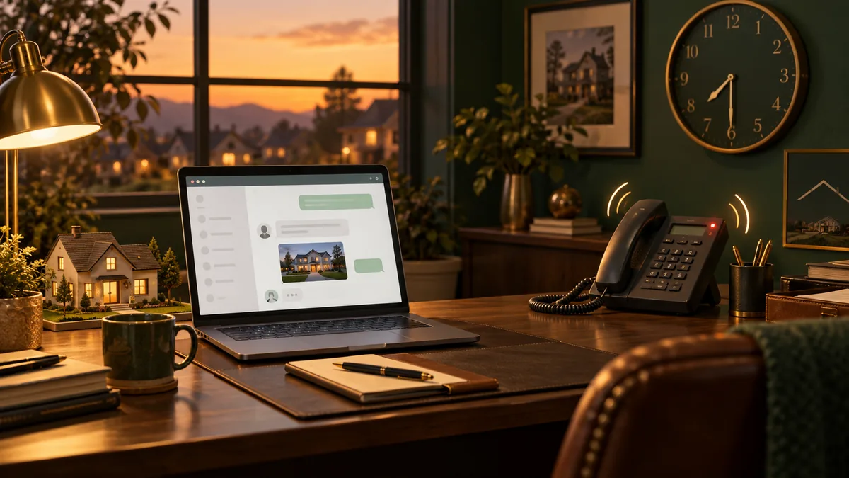 Real estate team comparing website chat inquiries on a laptop with incoming phone calls at dusk