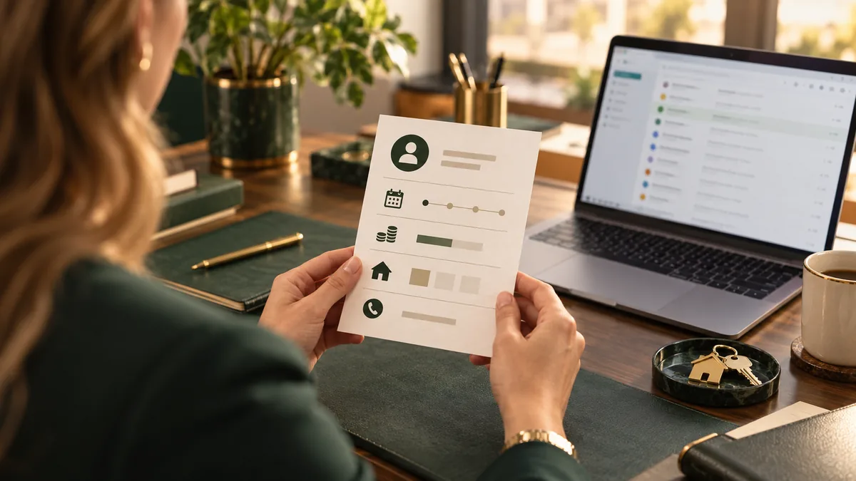 Agent reviewing a structured lead qualification card with timeline, budget and contact fields