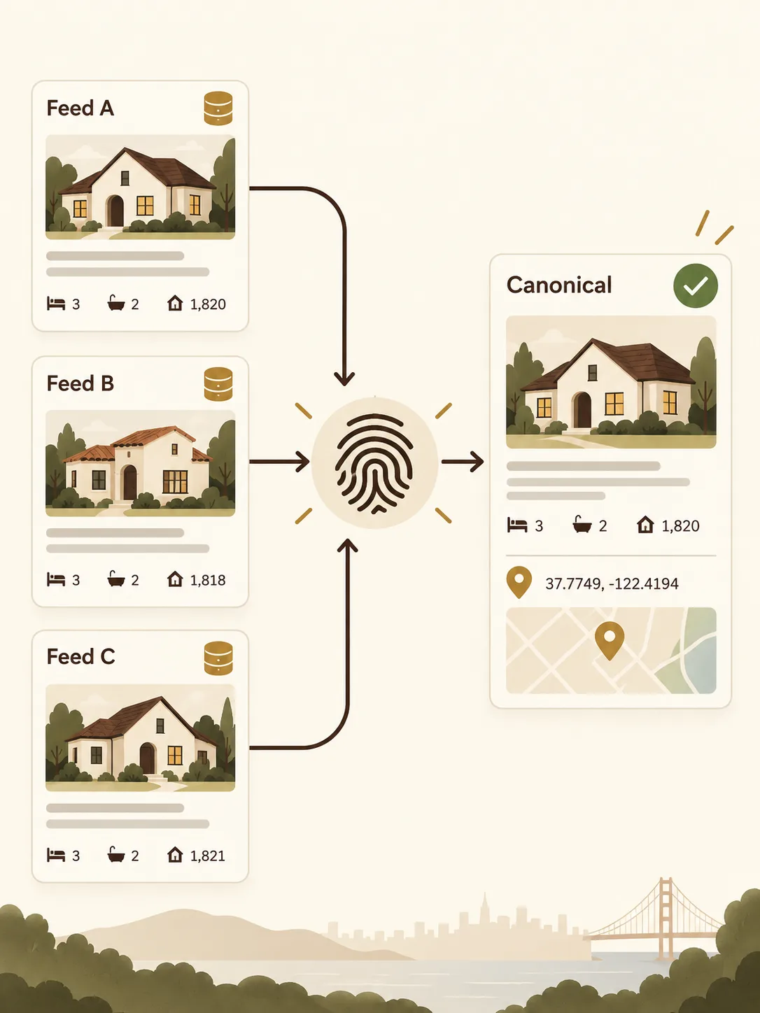 Diagram showing listings from multiple feeds merging into one canonical property through an address and geo fingerprint