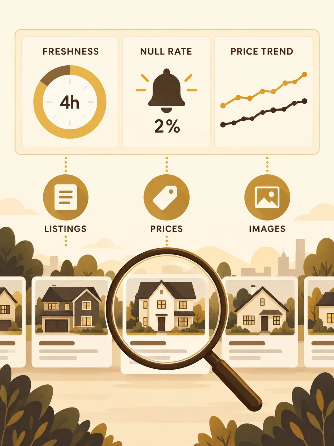Illustration of data pipeline monitoring with freshness gauges, quality alerts and trend lines over property listings