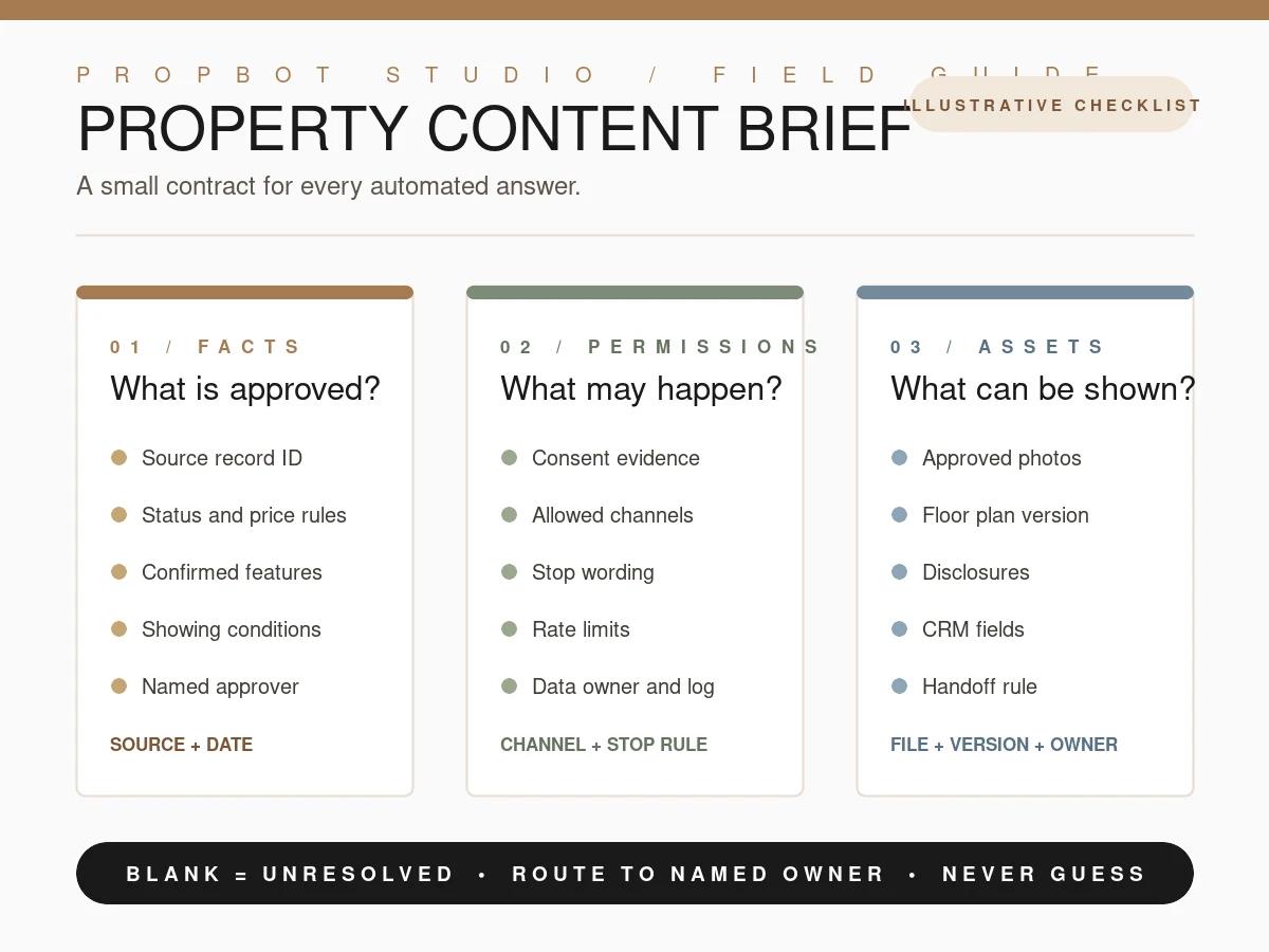 Illustrative property content brief checklist covering facts, permissions, and assets